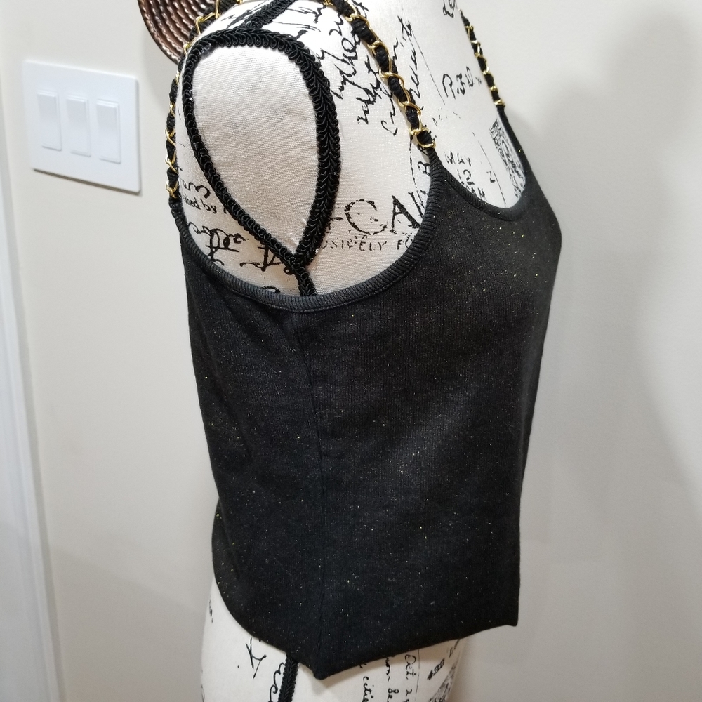 Black Cable & Gauge Top with Gold Glitter and Gold Chain Straps, SIZE L. - Picture 12 of 15